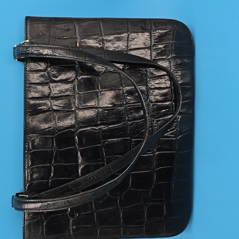 Vintage Jones New York Black Leather Embossed Alligator Handbag 11.5 x 9" Snap